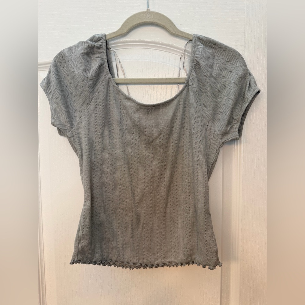 Pink Rose Heather Gray Fitted Tee | Knit Detail | Soft Cotton | NWT | Size